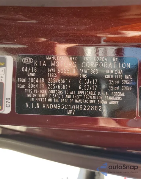 2017 Kia Sedona Lx from USA, damaged, VIN KNDMB5C10H6228621